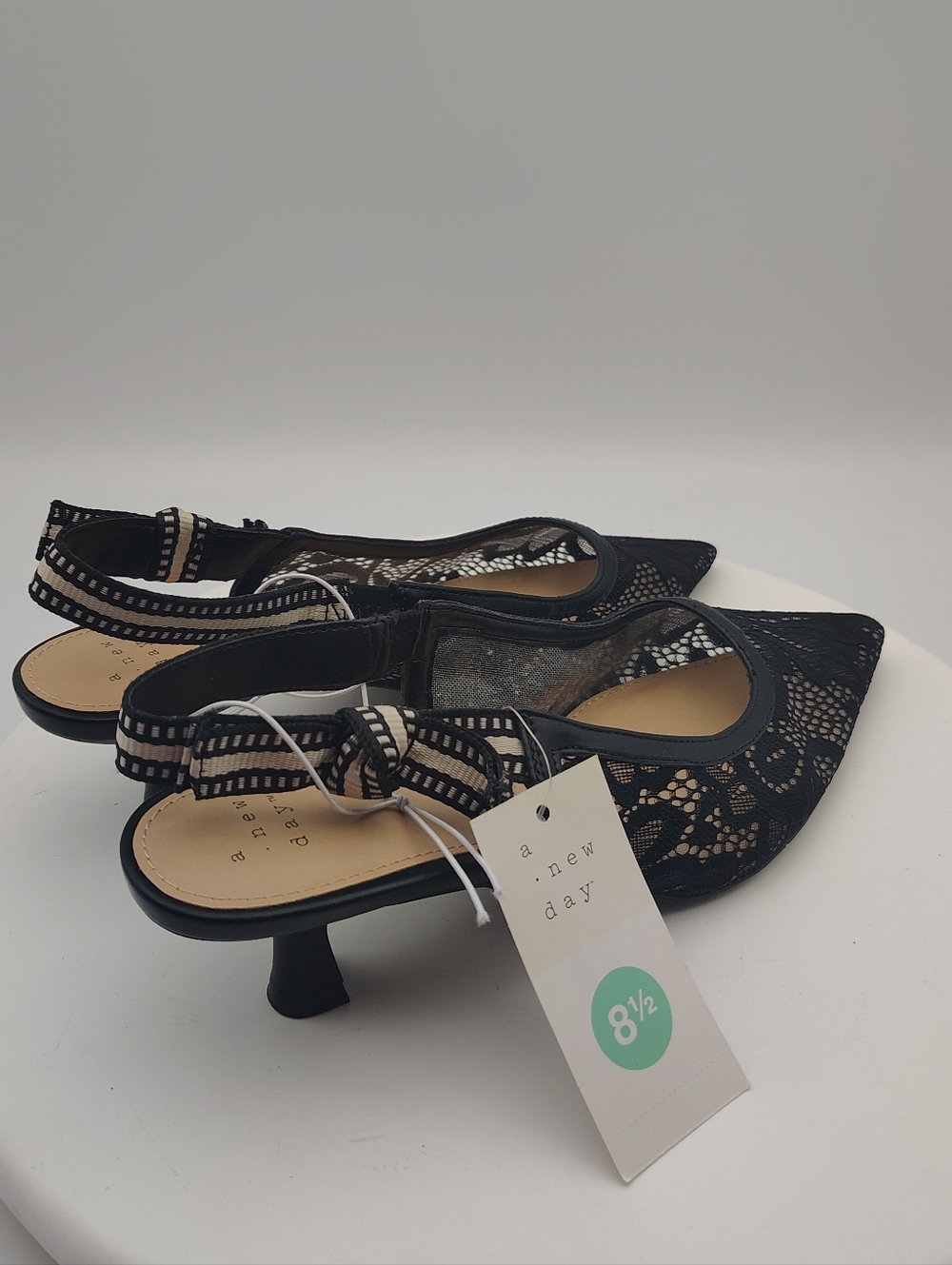 New A New Day Black Lace Illusion Slingback Pointed Heels SIze Woman's 8.5 - Picture 7 of 12